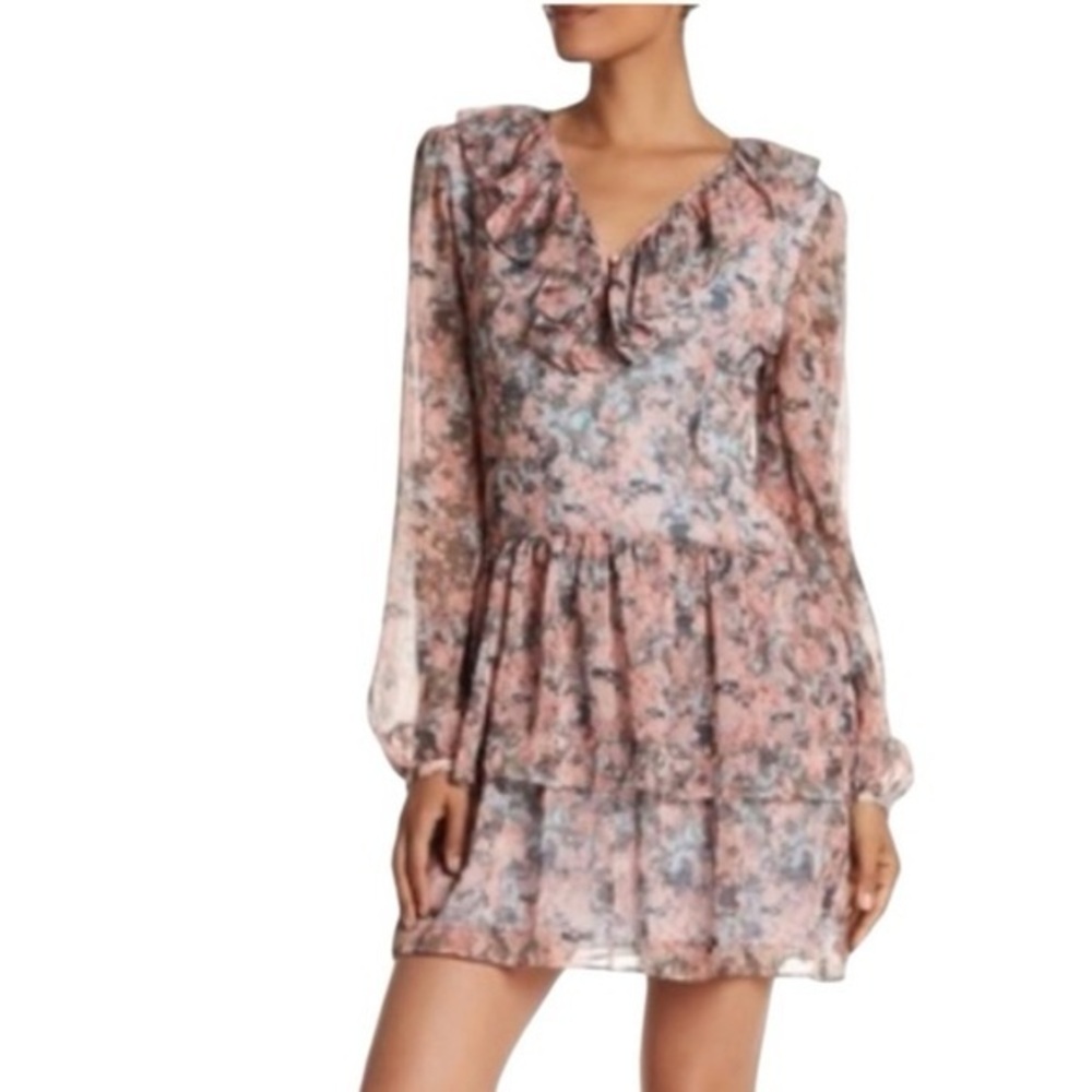 Marchesa Josephine Floral Ruffle Sheer Long Sleeve Mini Dress in Coral Pink